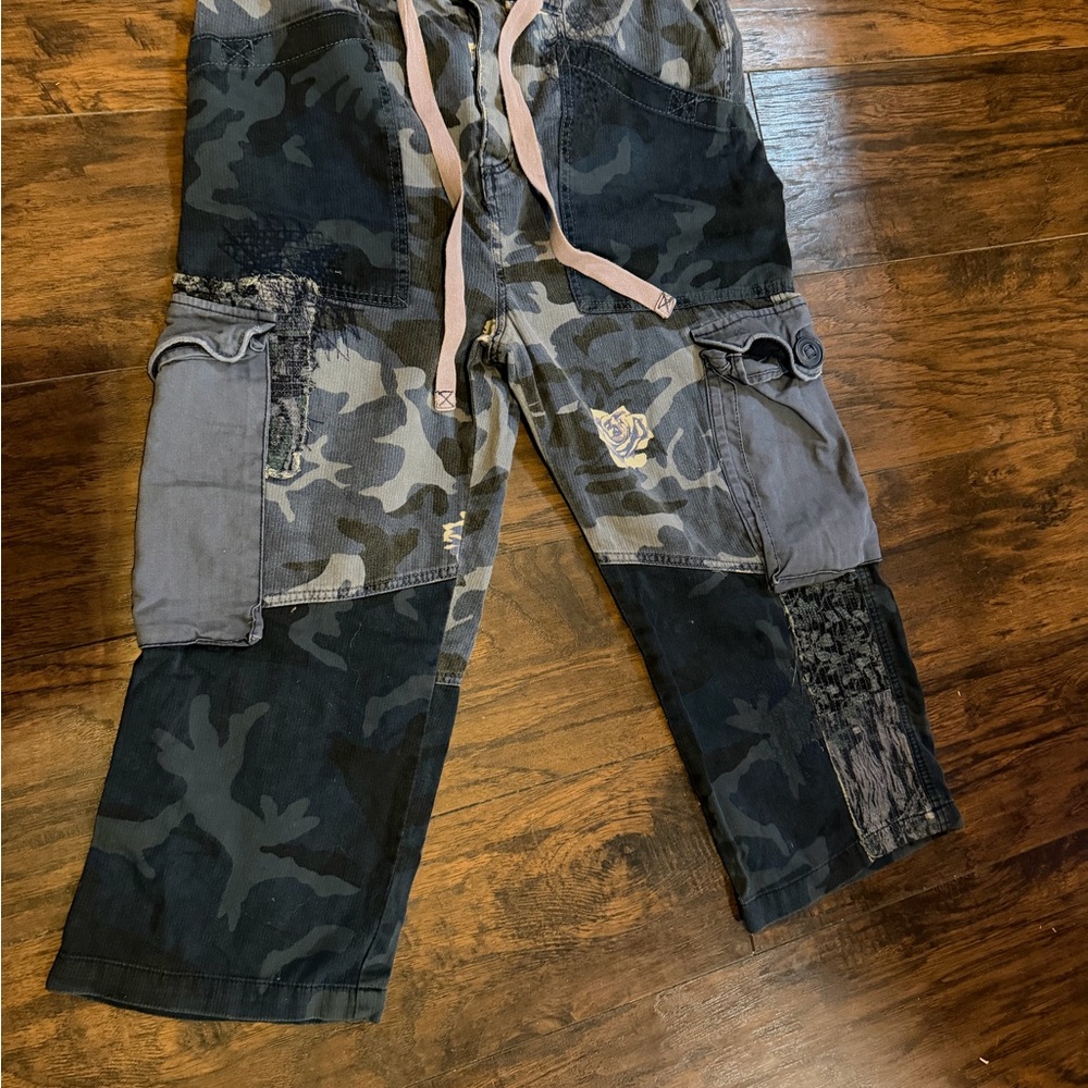 Free People Camo Wide Leg Patchwork Jeans with Pink Drawstring